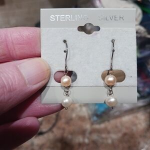 Women's Sterling Silver .925 Pink & White Freshwater Pearl Drop Earrings.